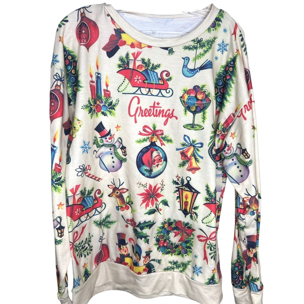 Vintage Look 2XL Christmas Card Print‎ Sweatshirt Womens  Cream Holiday Kitsch